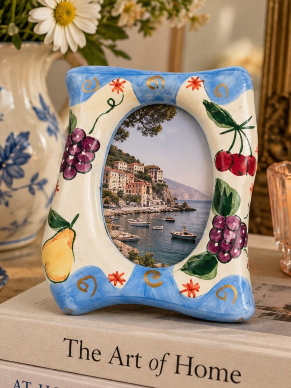 Vintage Hand Painted Ceramic Fruit Picture Frame Whimsical Cottagecore 2.5x3.5